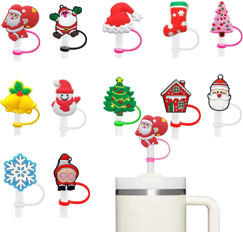 DEWJDFSC 12Pcs Straw Covers Cap for Stanley Cup,Christmas Silicone Straw Cover Straw Toppers Compatible with Stanley 30&40 Oz Tumbler Cute Santa Claus Snow Christmas Tree for Stanley Cup Accessories - Image 1
